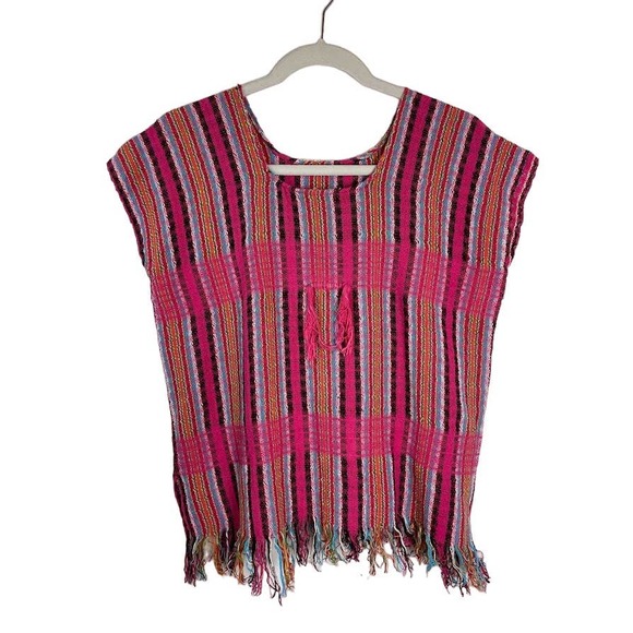 Source Unknown Tops - Boho Fringe Mexican Huipil Top Pink Stiped Western Vibe Tank Top Size Small